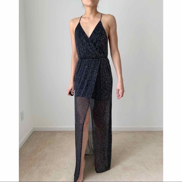 BLACK SHEER GLITTER HIGH CUT MAXI DRESS - Picture 11 of 16